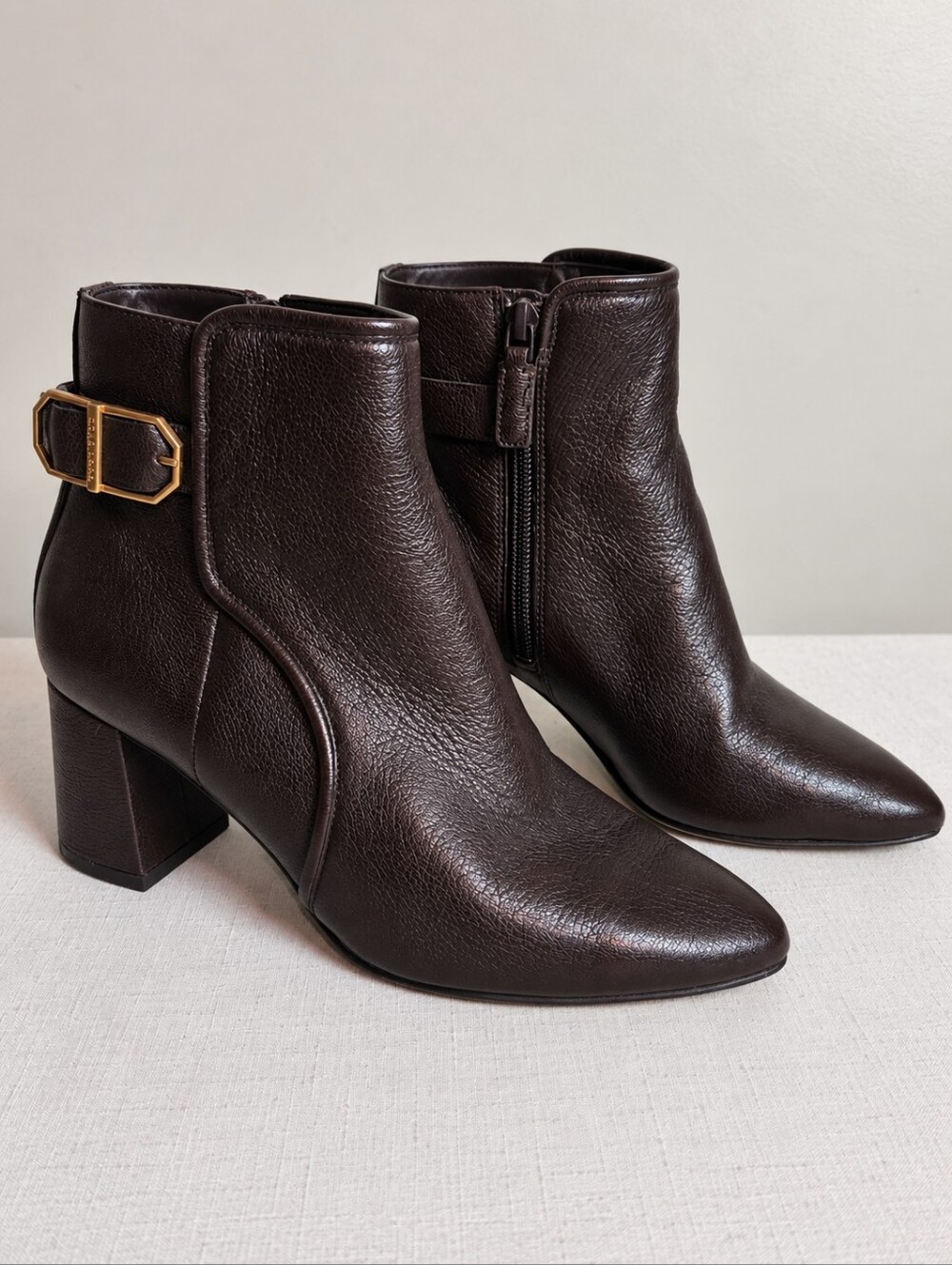 Cole Haan Brown Leather Pointed Toe Ankle Boots Gold Buckle Size 5.5/6